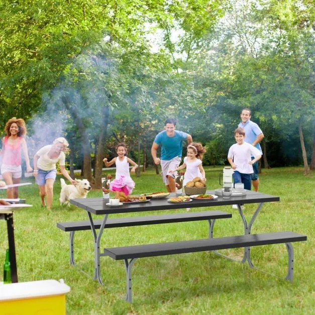 Conjunto jardim de 2 bancos e mesa para 8 pessoas com estrutura metálica Buraco para guarda-sol Preto