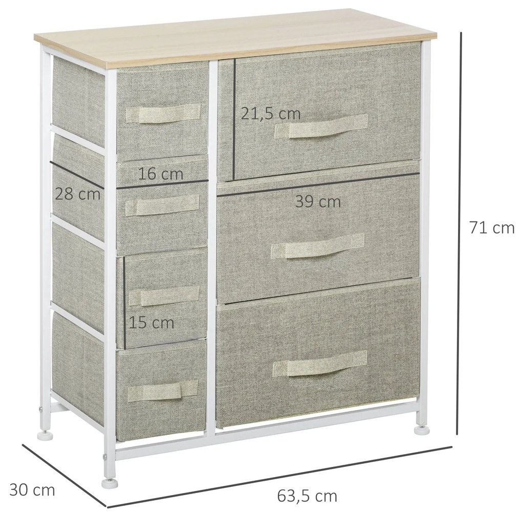 Cómoda com 7 Gavetas de Tecido Cómoda de Armazenamento Multifuncional para Dormitório Sala de Estar Corredor 63,5x30x71cm Cinza
