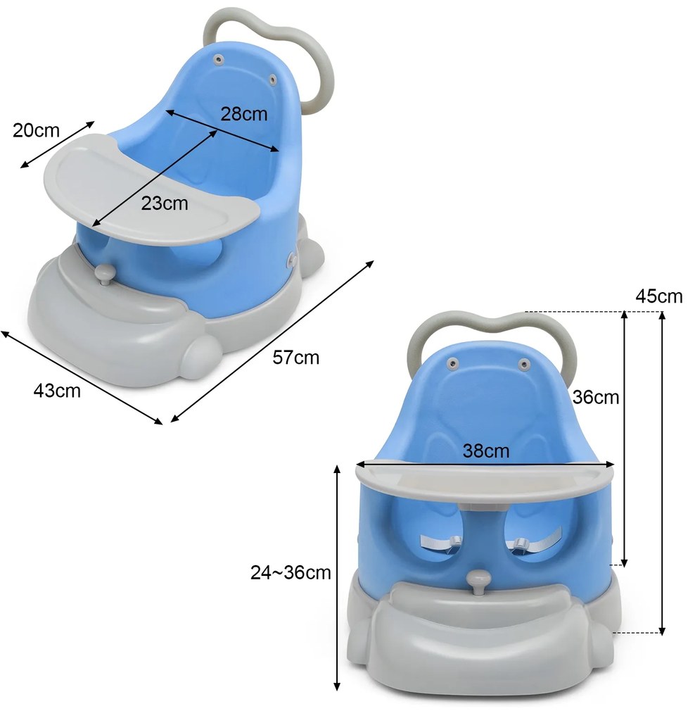 Elevador de cadeira para bebé com rodas universais com base destacável de travão e bandeja 57 x 43 x 45 cm azul