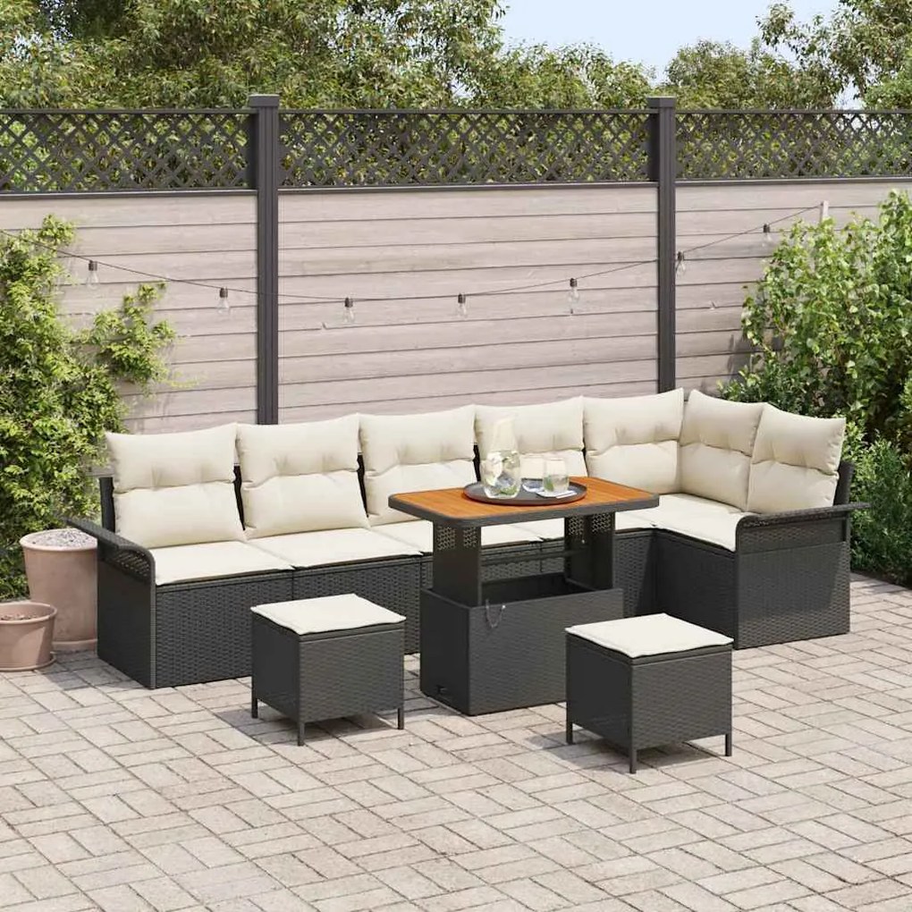 vidaXL Conjunto de Sofá de Jardim de 9 Peças com Almofadas Pretas e Polirattan e Acácia.
