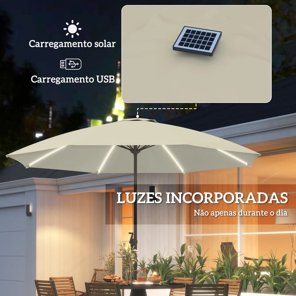 Chapéu de Sol de Jardim com Luzes LED Ø300x256 cm Manivela Proteção UV50+ e Mastro de Alumínio Creme