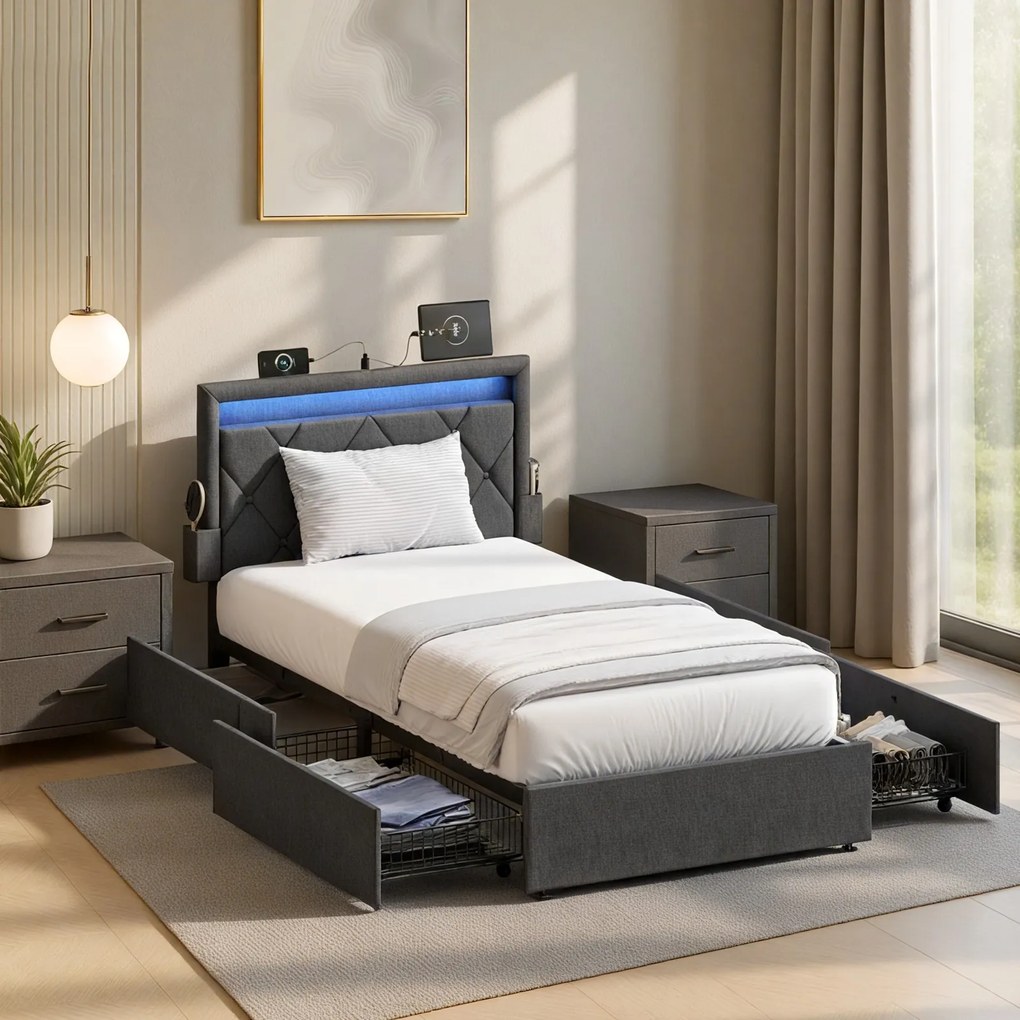 Estrutura de cama 90 x 200 cm (COLCHÃO NÃO INCLUIDO), com iluminação Led cinzenta