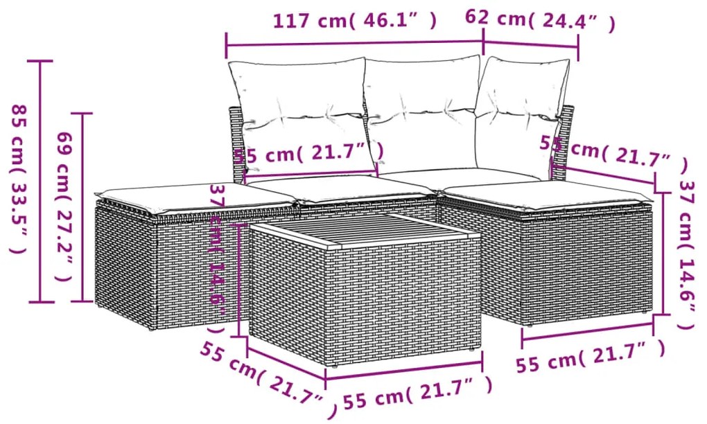 5 pcs conj. sofás jardim c/ almofadões vime PE bege misturado