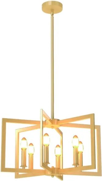 Candeeiro teto rústico de 6 luzes 54 x 54 x 67-157 cm com design geométrico, altura ajustável e metal industrial dourada