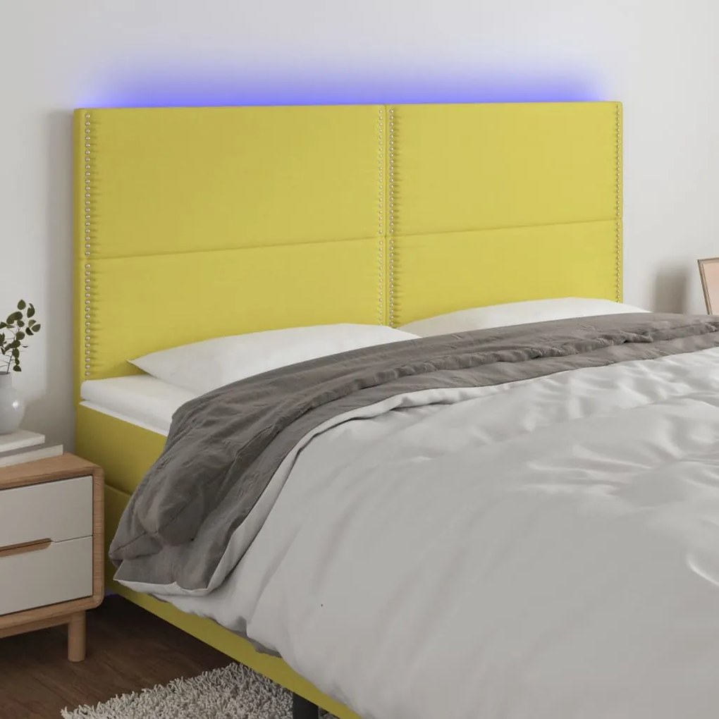 vidaXL Cabeceira de cama c/ LED tecido 160x5x118/128 cm verde