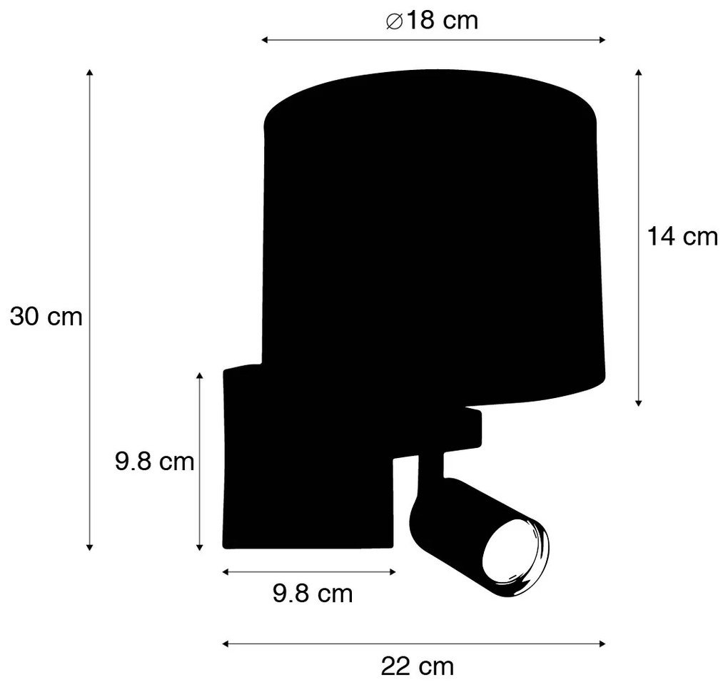 Candeeiro de parede branco com luz de leitura e abajur 18 cm preto - Brescia Moderno