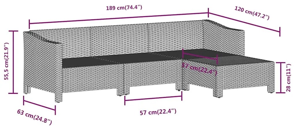 4 pcs conjunto lounge de jardim c/ almofadões vime PE cinzento