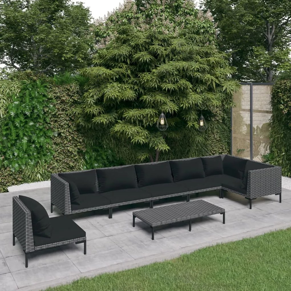 vidaXL 8 pcs conj. lounge jardim c/ almofadões vime PE cinzento-escuro