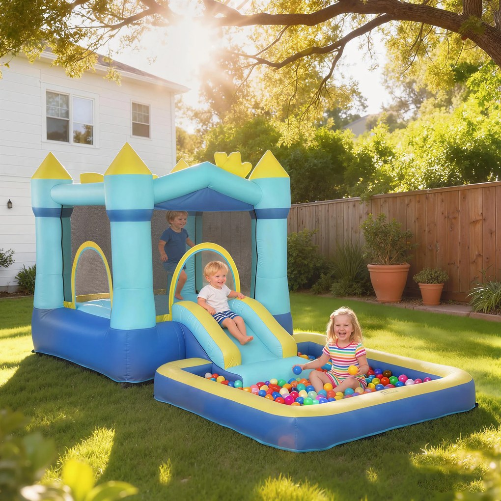 Castelo Insuflável para Crianças com Insuflador, Escorrega, Cama Elástica, Piscina e Aro de Basquetebol para Crianças dos 3 aos 8 Anos, Azul
