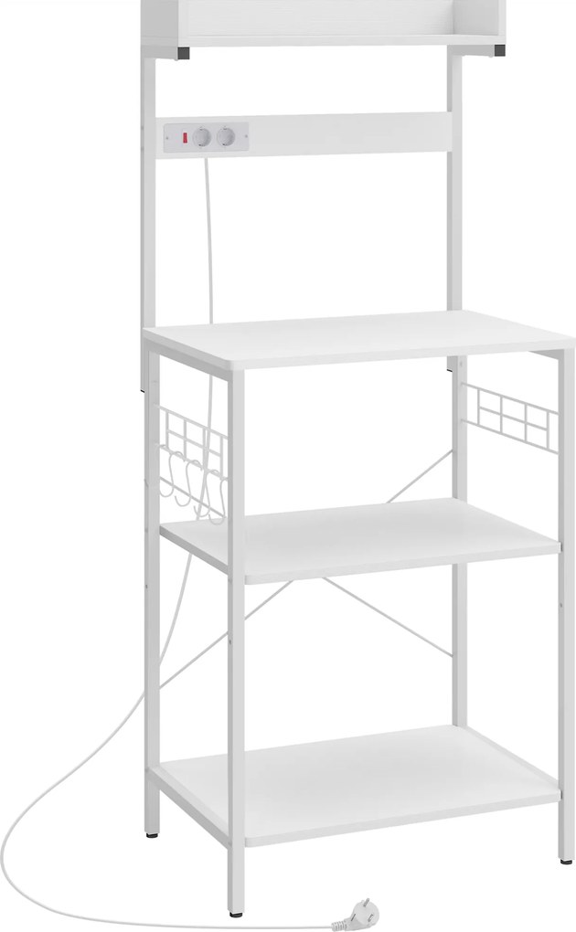Armário de Cozinha com 2 Tomadas Prateleira para Micro-ondas Prateleira Ajustável Ganchos 60x42x137 cm Branco