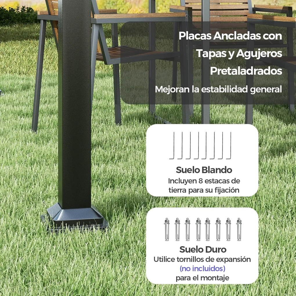 Pérgola exterior com toldo retrátil Colunas metálicas resistentes moderna jardim 310 x 310 cm Cinzento