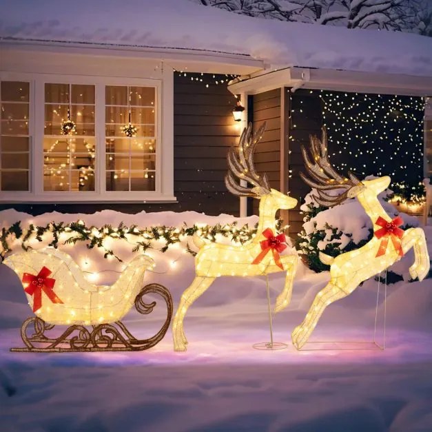 Renas LED com trenó natal com 280 luzes para decoração interna e externa com laços e bolas em branco quente