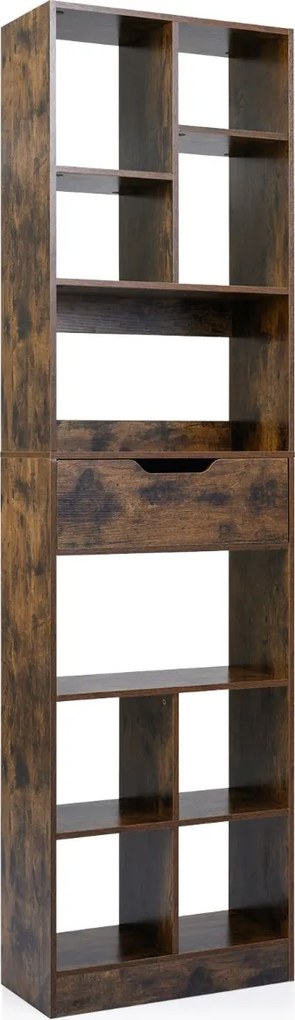 Estante de 50 x 24 x 180 cm com gaveta, 10 cubos, 2 protetores anti-tombamento e almofadas antiderrapantes para sala, escritório ou estúdio, em castan