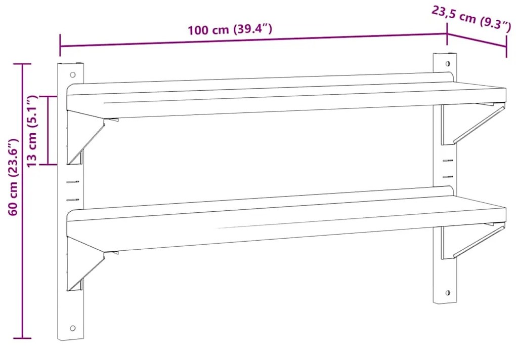 Estante parede 2 prateleiras 100x23,5x60cm aço inoxidável prata