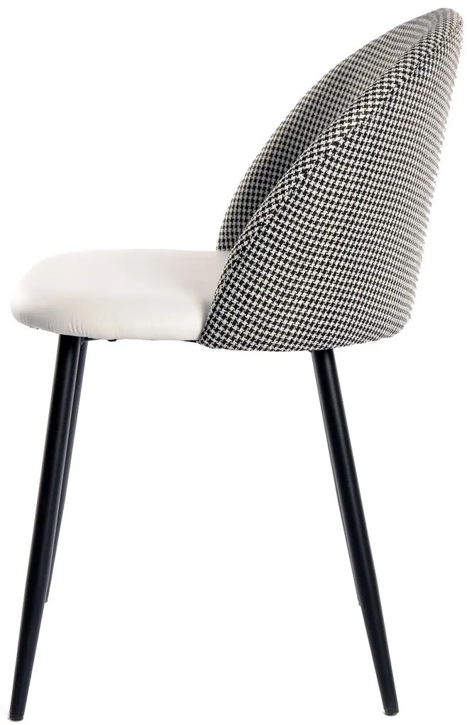 Conjunto 4 Cadeiras de Cozinha e Sala de Jantar ETNA, metal preto, tecido houndstooth e pele sintética branca