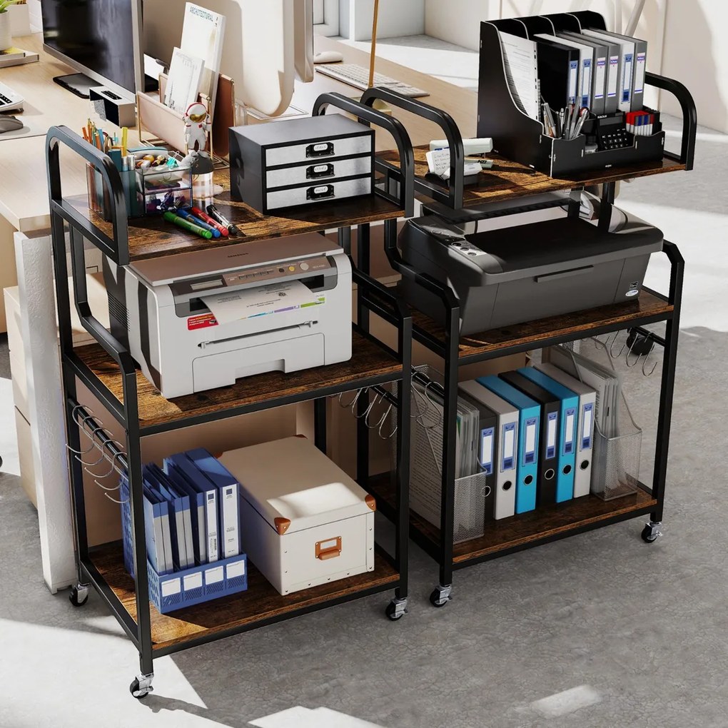 Suporte para impressora portátil 60 x 40 x 110 cm de 3 níveis com rodas, 10 ganchos em S, estrutura metálica Castanho rústico + Preto
