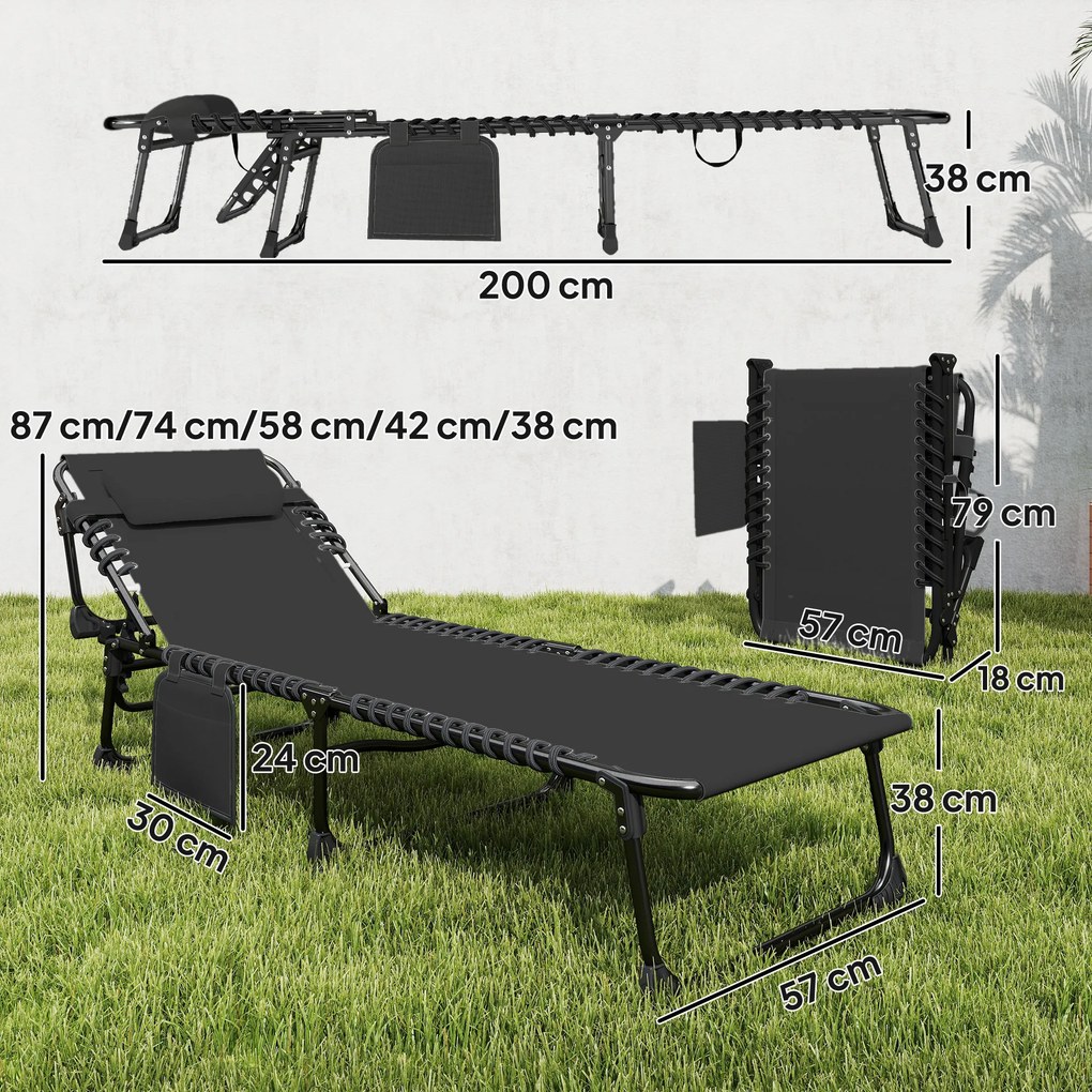 Conjunto de 2 Espreguiçadeiras Jardim Dobráveis com Apoio de Cabeça e Encosto Reclinável em 5 Posições 200x57x38 cm Preto