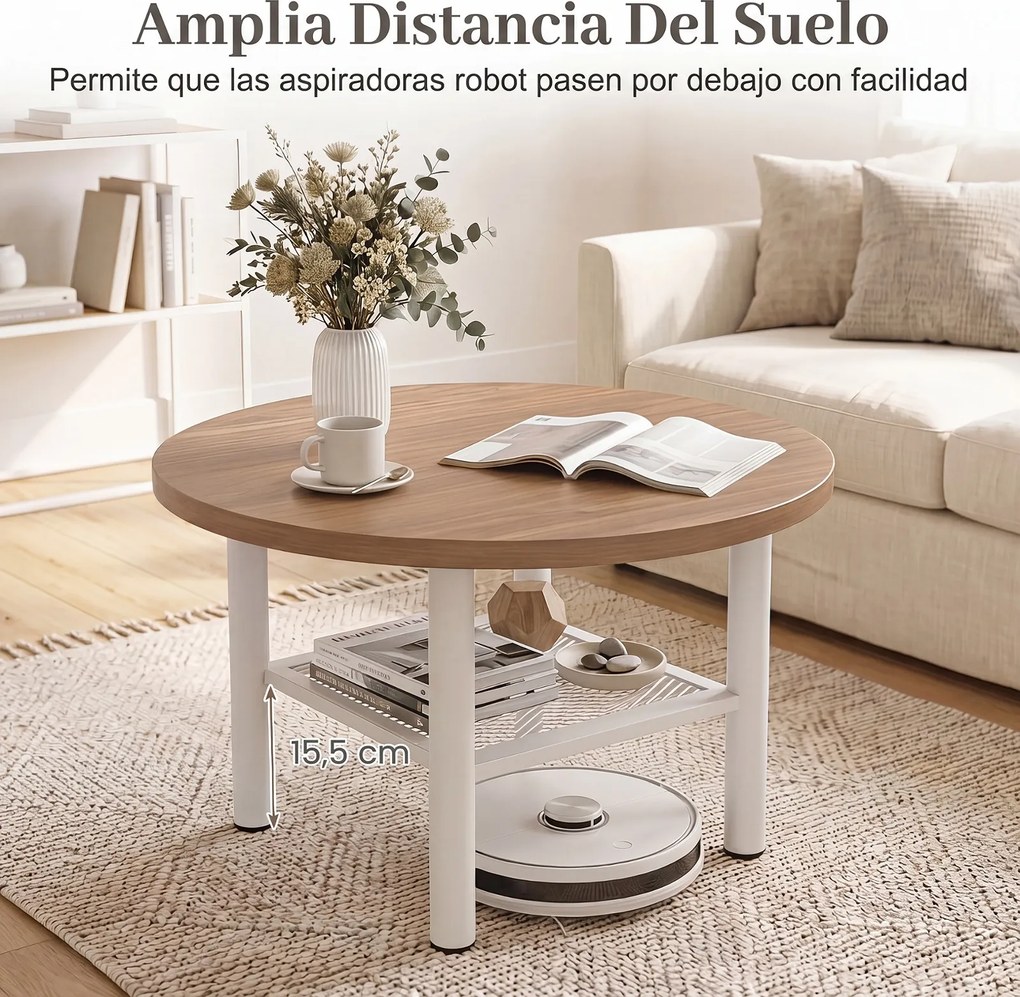 Mesa de Centro Redonda, 60 x 60 x 42 cm, 2 Níveis de Arrumação, Natural+Branco