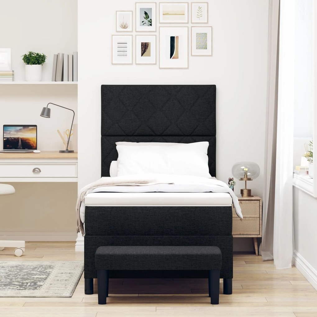 Cama Box Spring com Colchão e Banco Preto 90x190 cm Tecido