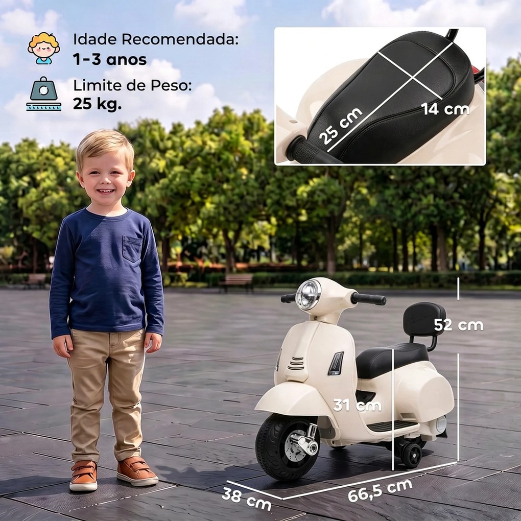 Mota Elétrica Infantil 6V para crianças 18-36 meses Mini Vespa GTS com 2 Rodas Auxiliares, Bateria de Lítio, Farol, Buzina e Encosto, Branco