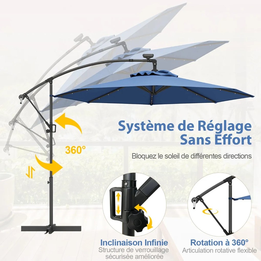 Guarda-sol de 300 cm com 32 luzes LED solares e guarda-chuva de jardim com manivela, guarda-chuva de mercado azul escuro