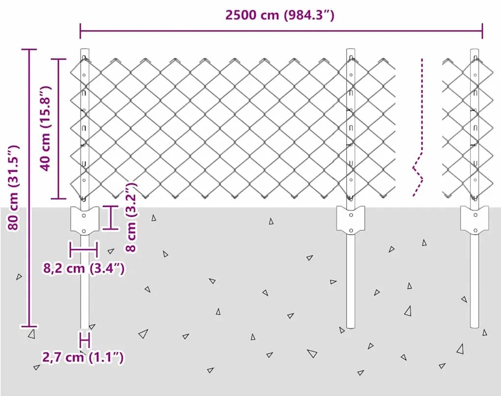 Cerca de Cadeia com 22 Pilares Cinza 0.4x25 m Aço