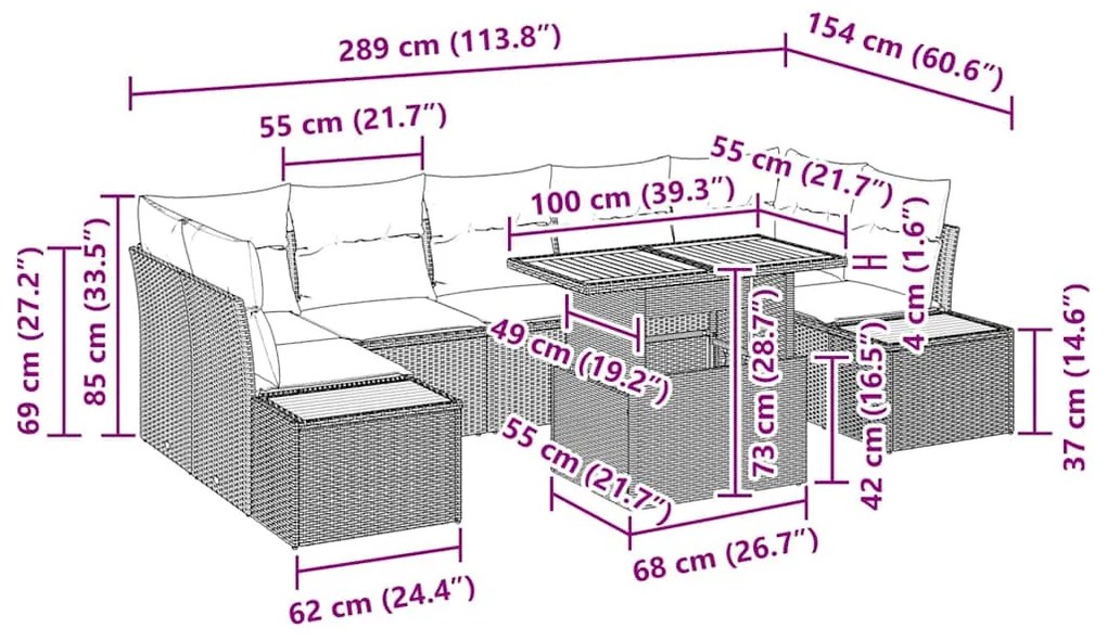 Conjunto de Jantar de Jardim de 8 Peças com Almofadas de Rattan Sintét