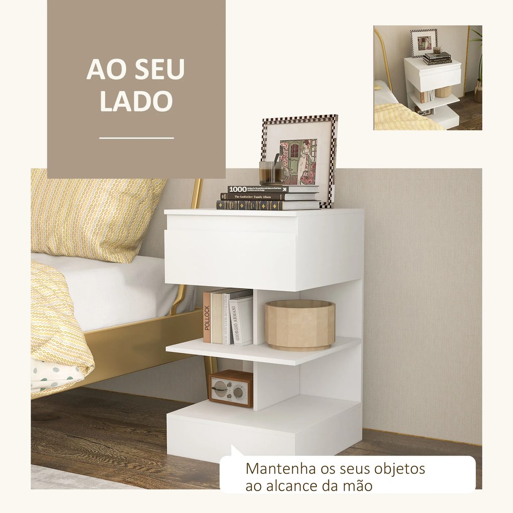 Mesa de Cabeceira Mesa Auxiliar com 1 Gaveta e 2 Prateleiras Abertas para Quarto Sala Estilo Moderno 39x39x65 cm Branco