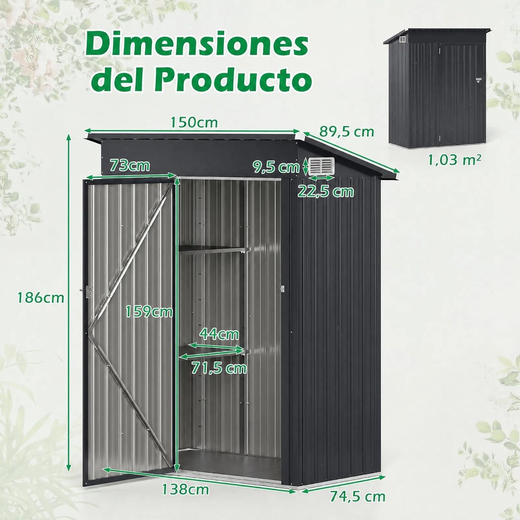 Abrigo Metálico para Ferramentas de Exterior, 150 x 89,5 x 186 cm, Duas Prateleiras Ajustáveis, cinzento-escuro
