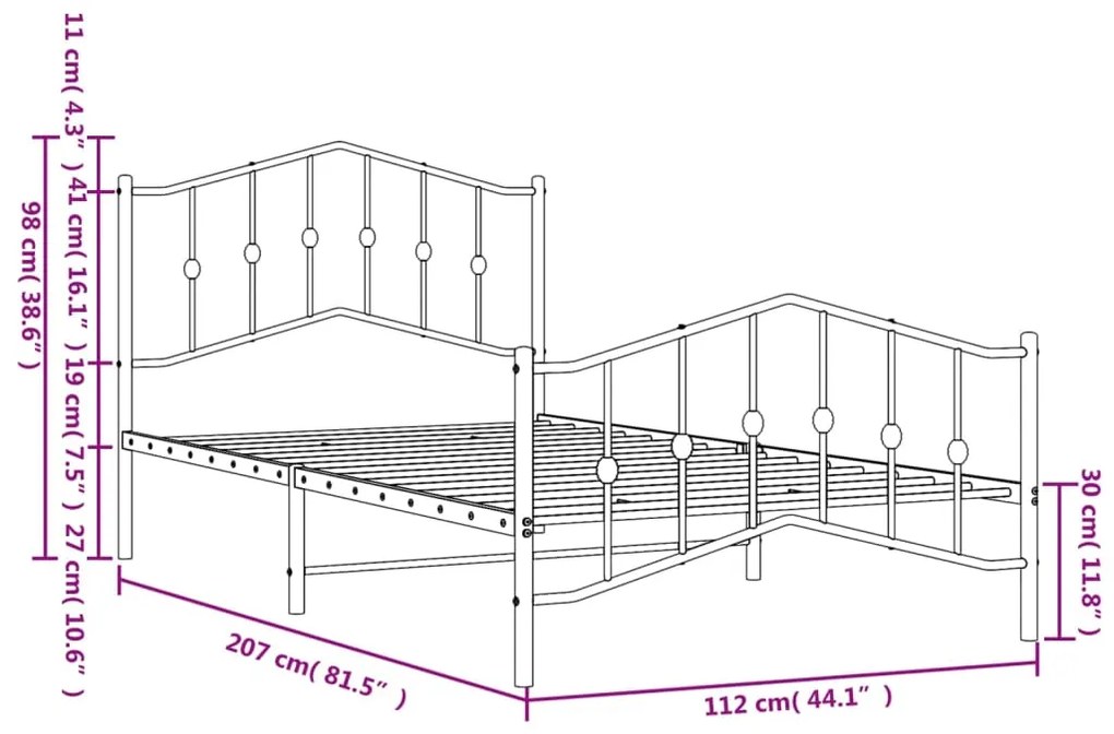 Estrutura de cama com cabeceira e pés 107x203 cm metal preto