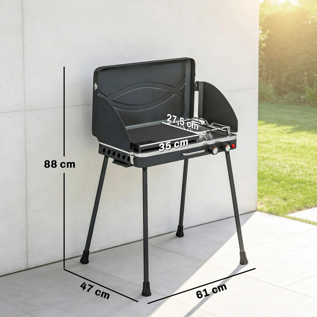Grelhador a Gás Portátil 2 em 1 Barbecue a Gás Propano 20.000 BTU de Mesa ou de Pé 61x47x88 cm Preto