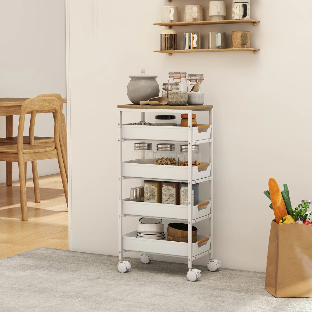 Carrinho de arrumação com Rodas  39,5 cm (L) x 24 cm (P) x 82 cm (A), 5 níveis, com 4 gavetas deslizantes e prateleira de arrumação, branco