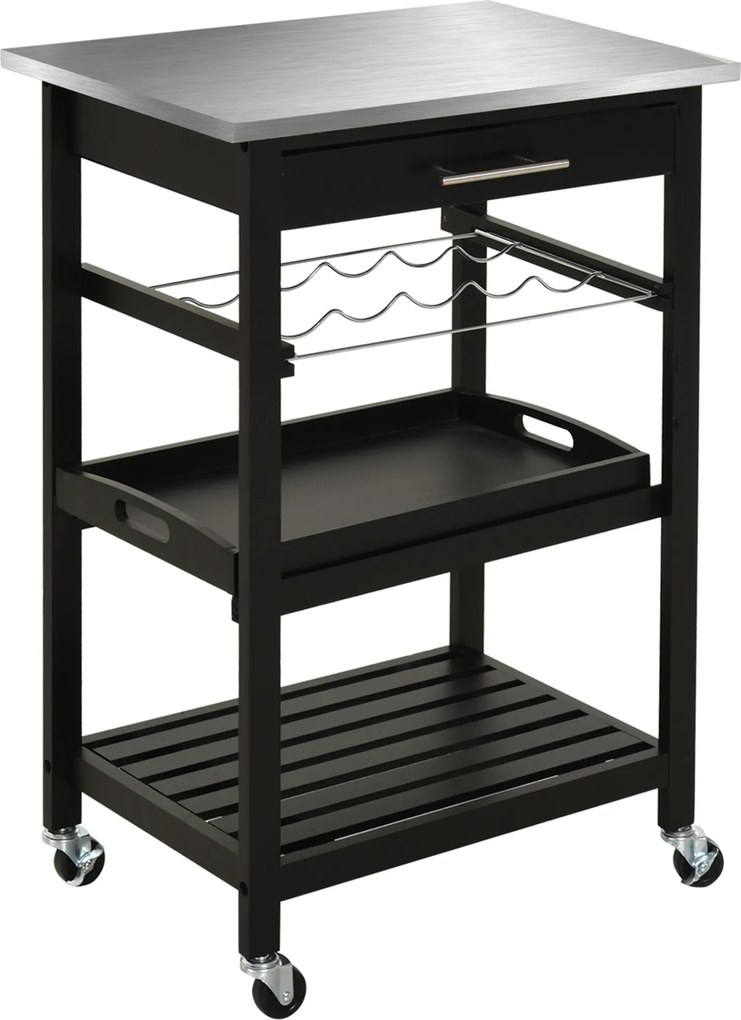 HOMCOM Carrinho de Serviço para Cozinha com Prateleira e Suporte para Garrafas 60x40x85 cm Tampo em Aço Inox. Preto | Aosom Portugal