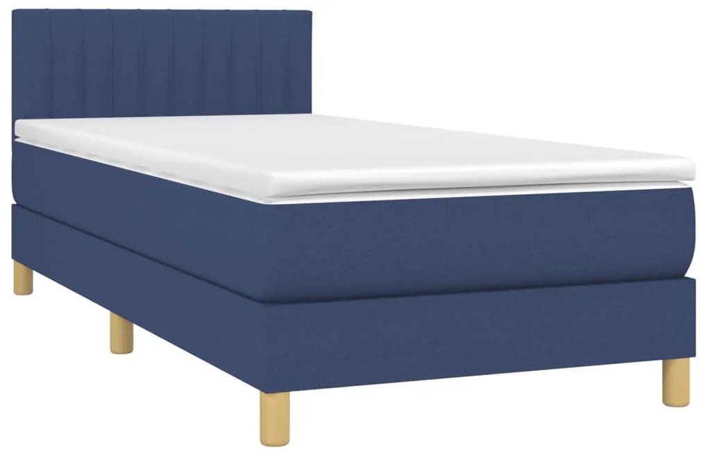 Cama box spring c/ colchão e LED 90x190 cm tecido azul