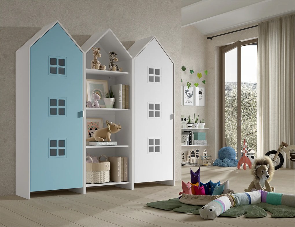 Conjunto 2 armarios Guarda Roupa infantil + estante infantil coleção CASAMI Azul e Branco