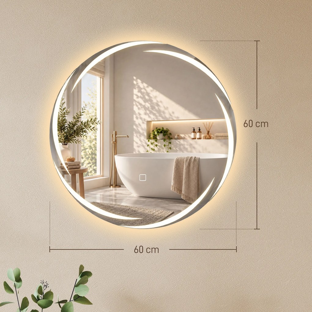 Espelho Redondo LED para Casa de Banho 60x60 cm de Parede com Antiembaciamento Memória 3 Temperaturas de Cor e Brilho Regulável