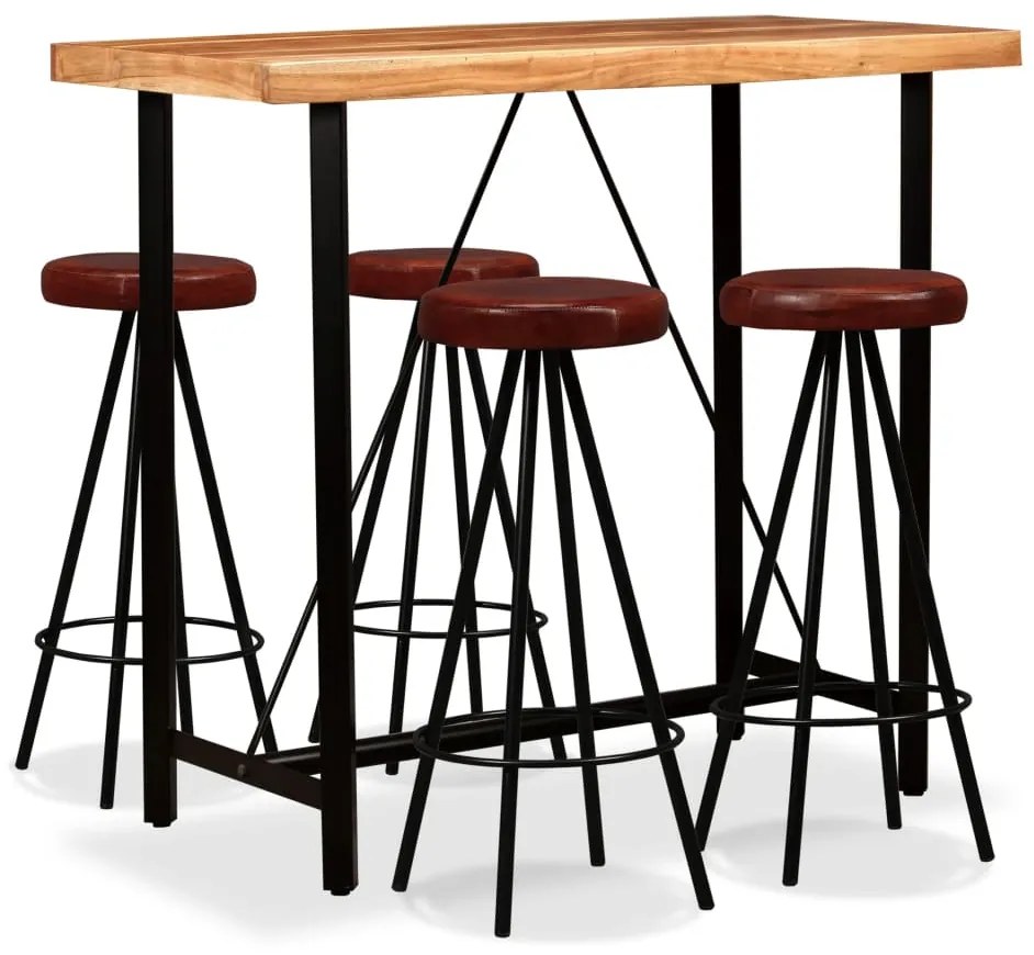 vidaXL Conjunto de bar 5 pcs madeira acácia maciça e couro genuíno