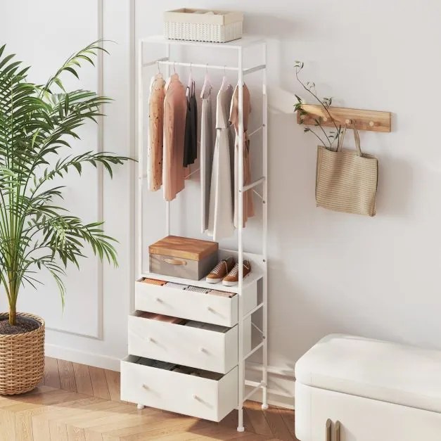 Guarda Roupa com gavetas com barra para pendurar e prateleiras para entrada do quarto 55 x 28 x 176 cm Branco