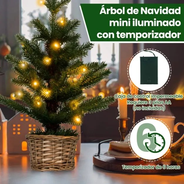 Árvore de Natal em vaso de madeira de 53 cm com 96 ramos, 20 luzes LED brancas quentes e temporizador verde