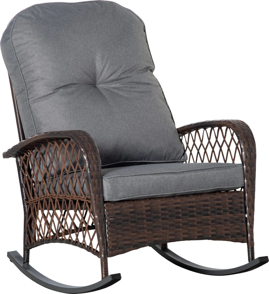 Outsunny Cadeira de balanço estofada com capitonê PE-Rattan Aço Castanho + Cinza | Aosom Portugal