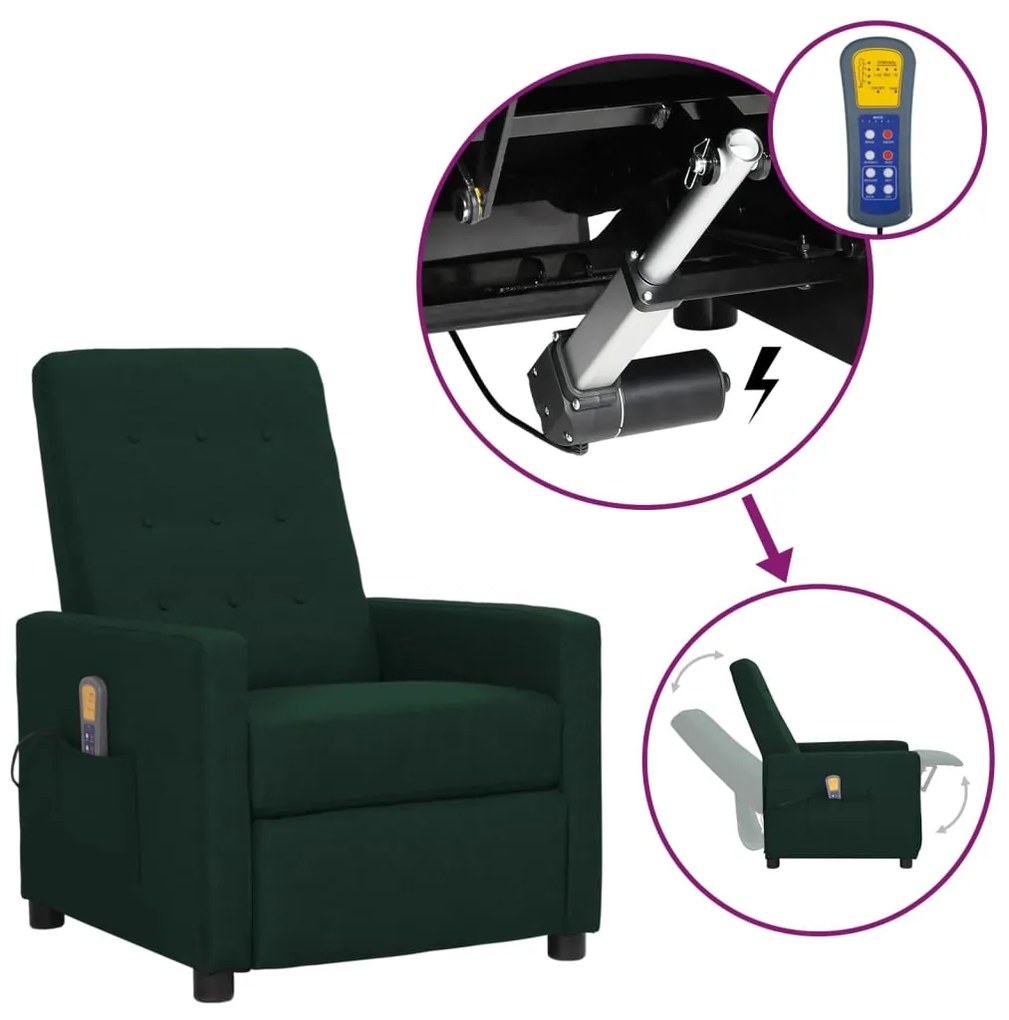 vidaXL Poltrona elevatória de massagens tecido verde-escuro