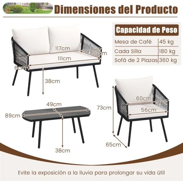 Conjunto de jardim para 4 pessoas com sofá de 2 lugares, 2 cadeiras e mesa de centro em vidro temperado Preto e branco