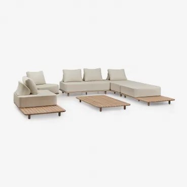 Conjunto De Jardim Com Sofá Modular Chaise Longue 3 Peças, Mesa Auxiliar, 2 Poltronas E Mesa De Centro 160x95 Cm Em Acácia Porte - Sklum