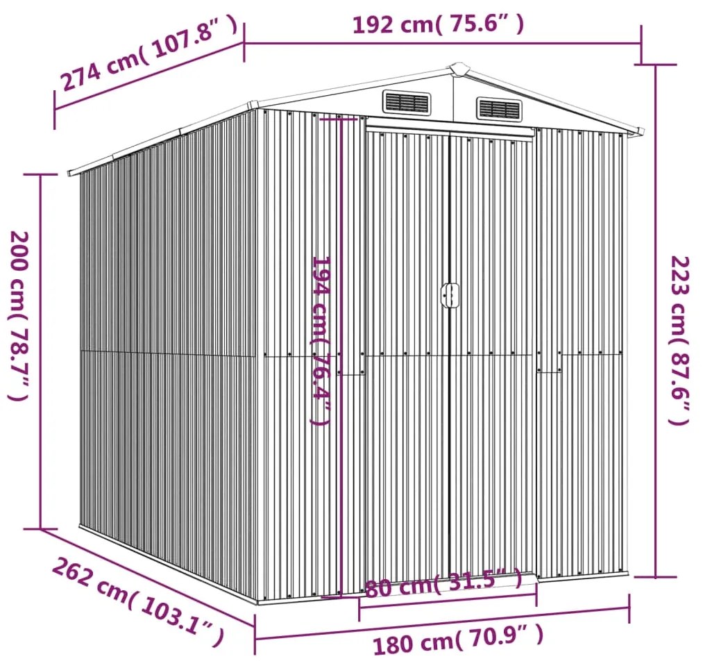 Abrigo de jardim 192x274x223 cm aço galvanizado cinzento-claro