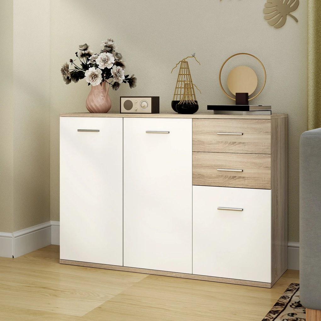 Aparador de sala, móvel de arrumação com 2 gavetas, 3 portas e prateleira ajustável, 106 x 35 x 76 cm, branco e madeira natural