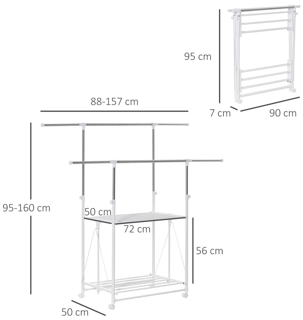 Cabideiro Dobrável para Roupa com Rodas Barras para Pendurar Extensíveis Altura Ajustável e 2 Prateleiras 88-157x50x95-160cm Branco