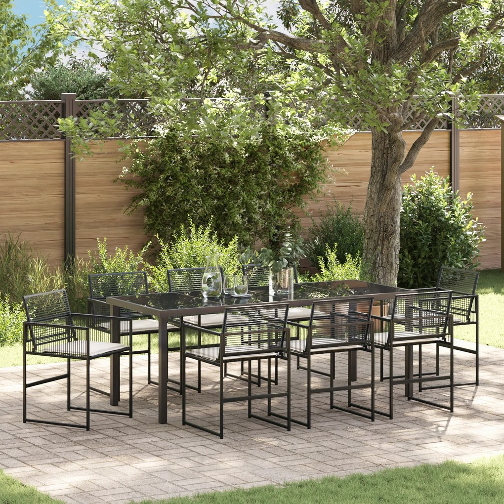 vidaXL Conjunto de Jantar de 9 Peças para Jardim com Almofadas Preto Rattan Poliéster