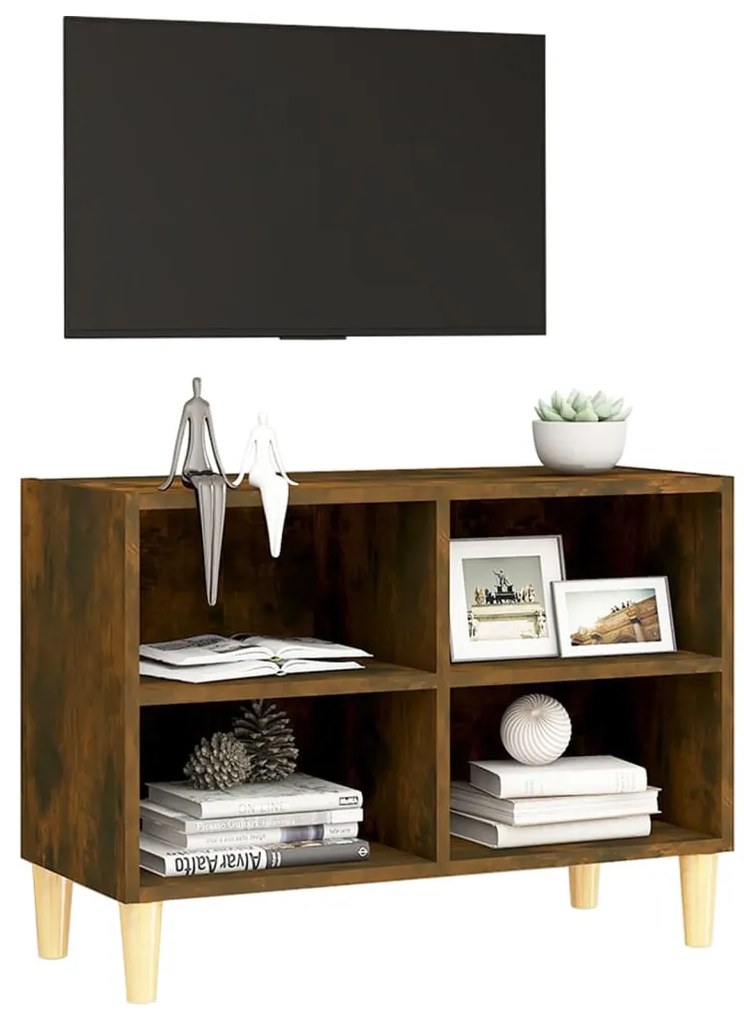 Móvel de TV pernas madeira maciça 69,5x30x50 cm carvalho fumado