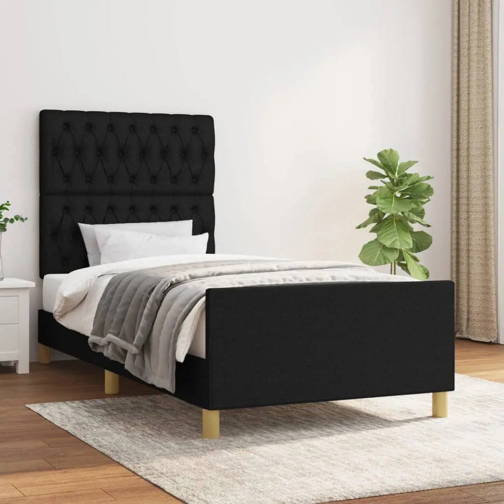 Estrutura de cama c/ cabeceira tecido 90x190 cm preto