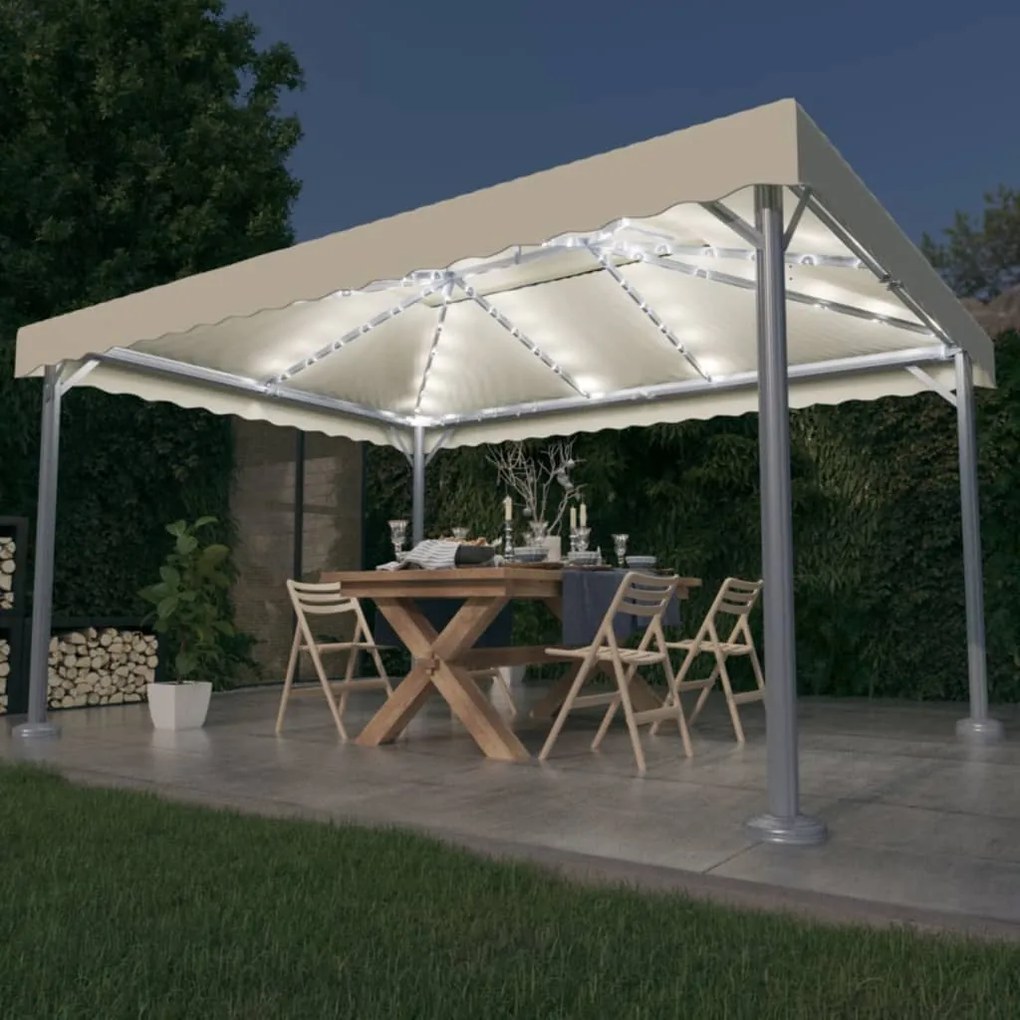 Gazebo com cordões de luzes LED 400x300 cm alumínio cor creme